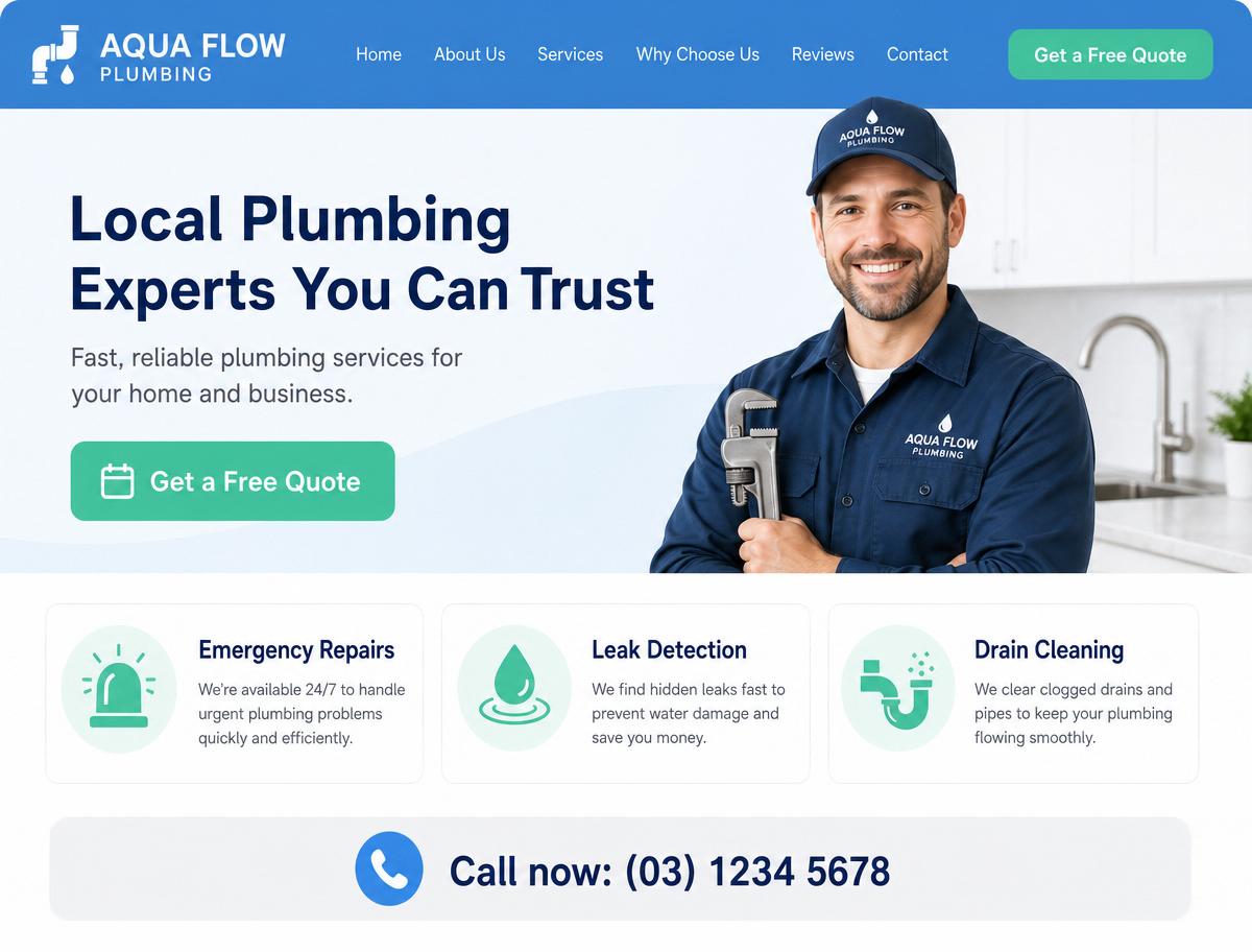 Sample plumbing business website homepage